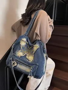 Women's Butterfly Embroidery Denim Tote Bag, Fashionable Large Capacity Shoulder Bag for Daily Used, Casual Trendy Versatile High-quality Daily Commuting Bag