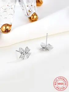 Elegant S925 Silver Bow Earrings, Hollow Design, Retro Casual Fashion Jewelry, All Seasons Wear, Sliver Color Ear Accessories