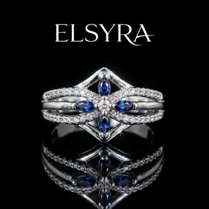 S925 Sterling Silver Vintage Geometric Cross Ring with Flawless Blue 5A Cubic Zirconia. Elegant Sapphire-Simulated Floral Statement Ring for Women. Premium Sparkle CZ Promise Band, Perfect 'Something Blue' Mother's Day Gift & Anniversary Jewelry