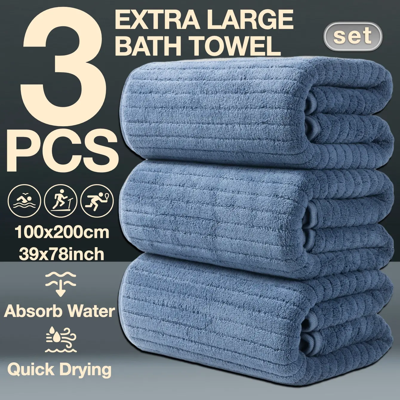 3-Piece Oversized Bath Towels Set, 100x200cm High-Quality Classic Striped, Multi-Color Options, Super Absorbent and Quick-Dry, Suitable for Home Camping Hotel School Community Factory