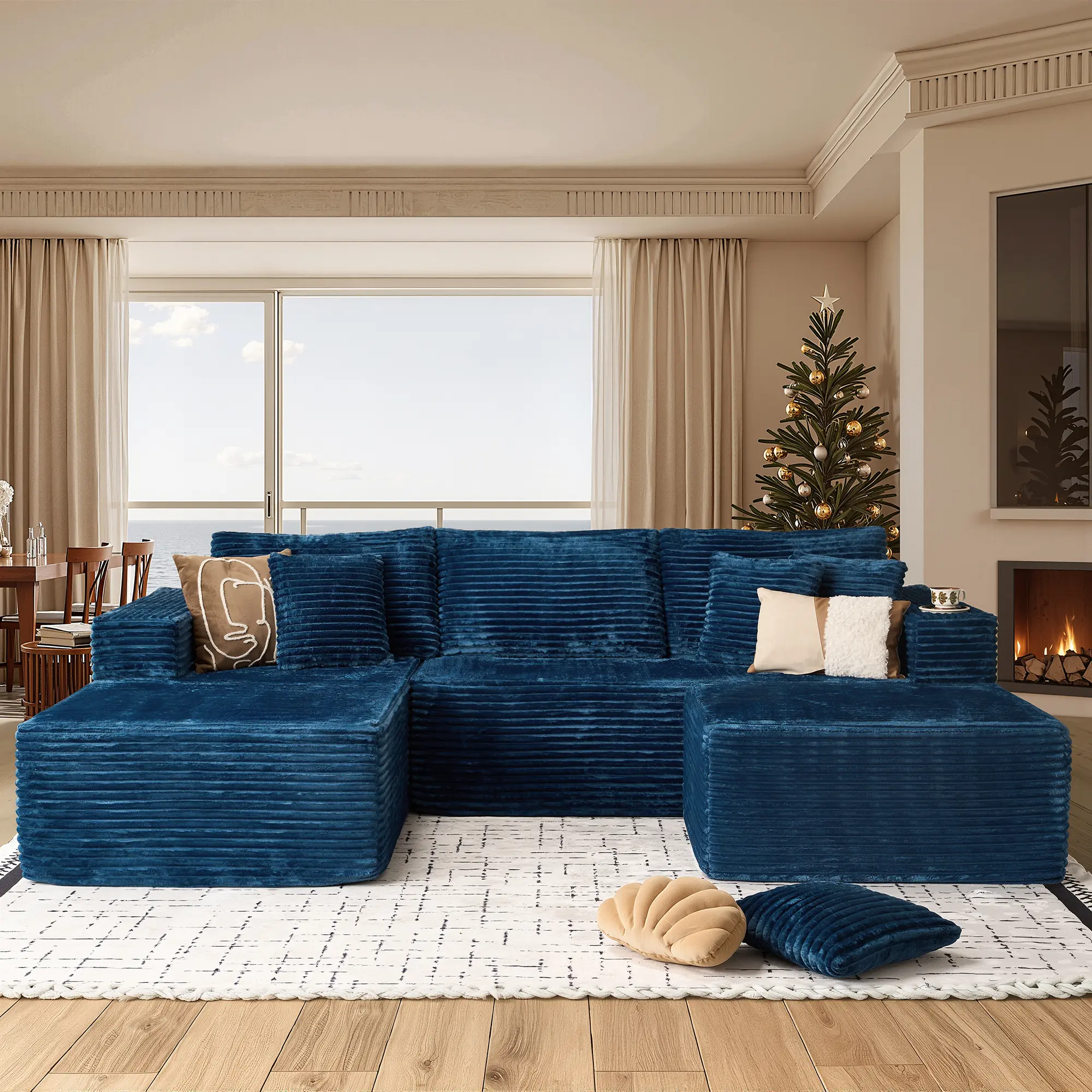 Blue Plush Corduroy Left Chaise