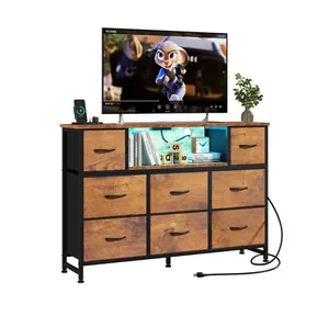 55 inch TV Stand Dresser, 8 Fabric Drawers Storage Organizer for Bedroom Living Room, LED & Charging Station, Rust