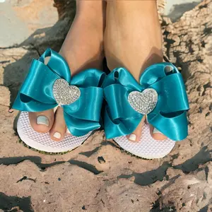 Turquoise Blue & Rhinestone Heart Satin Bow Flip Flops- Wedding Bridal, Destination Vacation Sandals