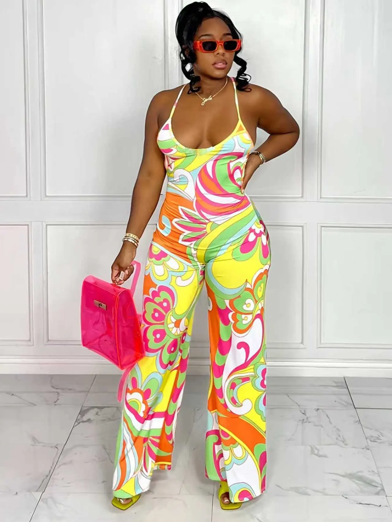 Women's Printed Halter Backless Sleeveless Jumpsuit, Slim-Fit Deep V-Neck High-Waisted Flared Leg Long Pants, Perfect for Club Parties and Streetwear