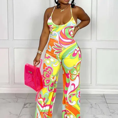 Women's Printed Halter Backless Street Fashion Jumpsuit, Slim-Fit Deep V-Neck High-Waisted Flared Leg Long Pants, Perfect for Club Parties and Streetwear