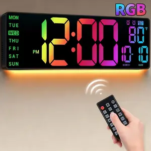 16.5in Digital Wall Clock - RGB Lights with 11-Scene Mode Remote Control, Big LED Display, Dual Alarms, Auto DST, Temperature Display, Ideal for Classrooms, Gaming Rooms, New Home Decor Gift, Multifunctional Alarm Clock,
