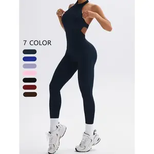 Women'sSolidBacklessSportsJumpsuit,CasualComfyBreathableSleevelessJumpsuitforYogaGymWorkout,LadiesSportswearforAllSeasons