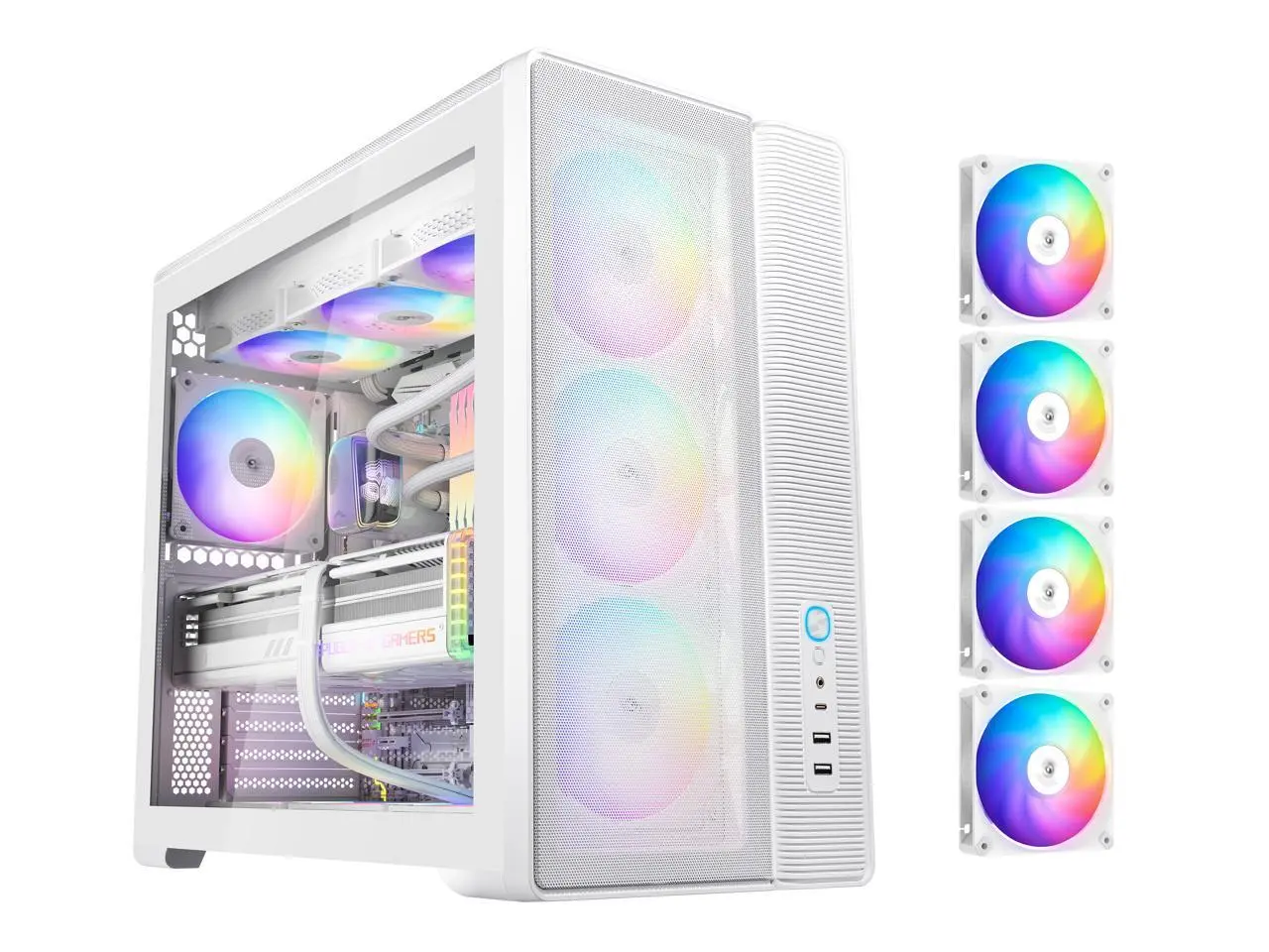 SAMA S50 ATX Mid Tower Case with 4 ARGB PWM Fans&Hub,PPLP A+ High Airflow Dual-Chamber Gaming Case,USB 3.2 Gen2x2 Type-C,Supports ATX/MATX/ITX Back-Connect Motherboard,410mm GPU&360mm Radiator,White