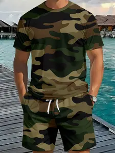 Military green tactical camouflage men's 3D digital printed two-piece set, 2Pcs, trendy and fashionable set, trendy retro casual two-piece set, vacation-style trendy outfit, breathable sports and casual style, a perfect holiday gift for men