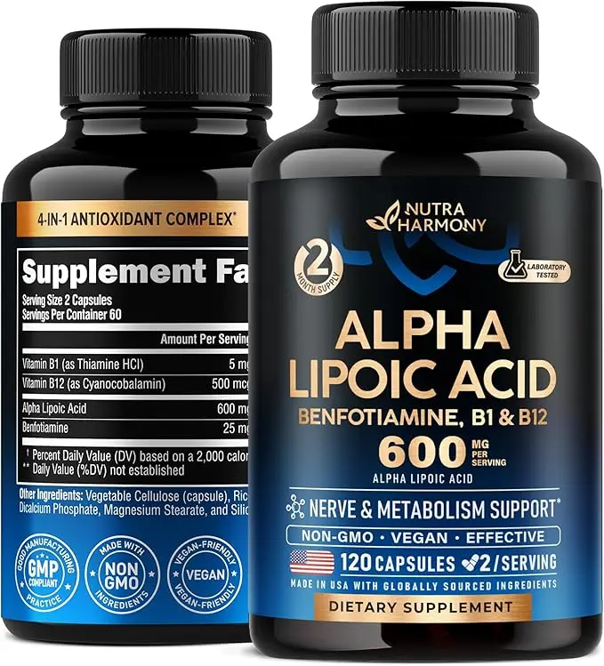 Alpha Lipoic Acid 600mg - ALA Supplement Antioxidant for Nerve, Energy & Metabolism Support - Extra Strength with Benfotiamine, B1 & B12 - Lab Tested, NON-GMO & Vegan - 120 Capsules, 2 Month Supply