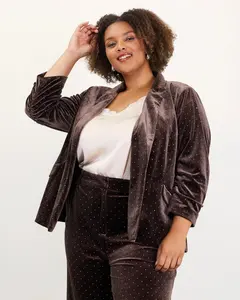 Plus Size Ruched Sleeve Studded Velvet Blazer