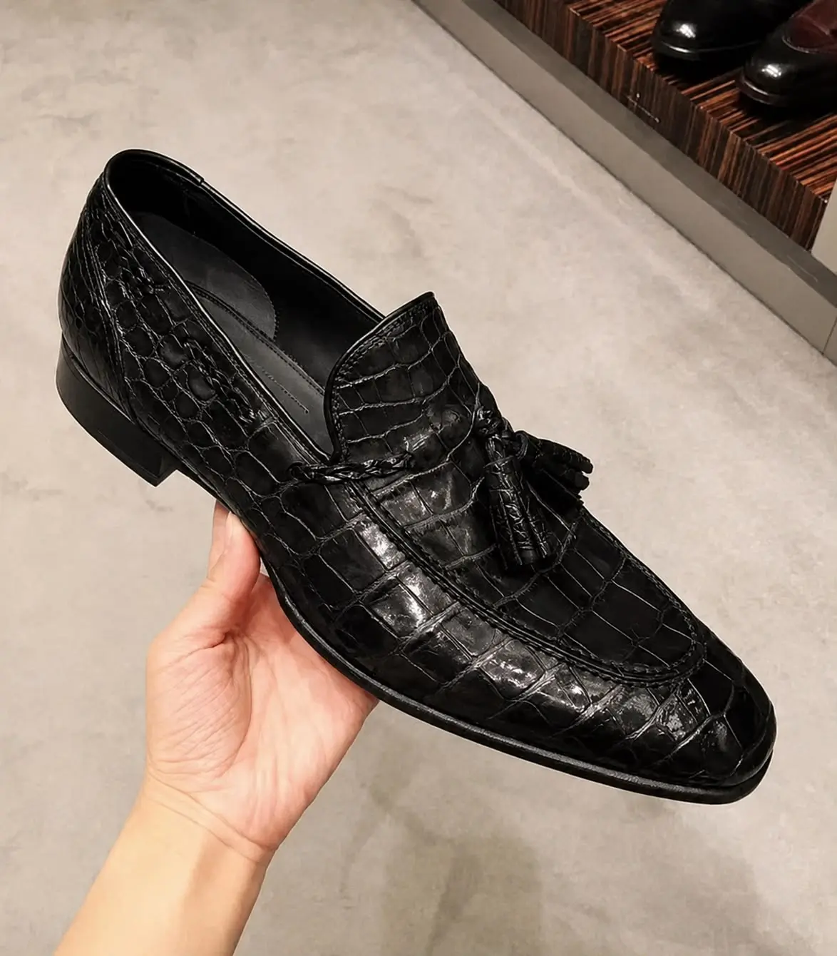 Customized Handmade Brown & Black Croc Text Tesseled Loafers.