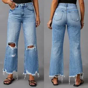 New Style Wide-Leg Pants with Fringes, Washed Ripped High-Waisted Jeans, Straight-Leg Casual Pants for Women