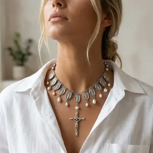 1PC Multi-Layer Gold Beaded Cross Statement Necklace for Women, Luxury Gothic Rhinestone Cross Pendant Choker, Bold Religious Streetwear Jewelry, Party Wedding Accessory, Ideal Birthday Easter Gift