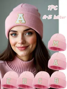 Customizable Women's Winter Knit Beanie, Letter Embroidery Design, Soft Elastic Warm Hat, Casual Street Style, All Seasons