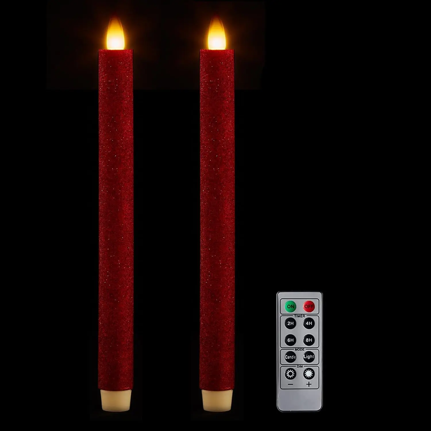 Flameless Taper Candles Flickering with Remote and Timer, 3D Moving Flame Taper Candle  Operated to 400 Hours, 9 Inch Window Candles, (Glittter Red)