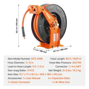 VEVOR Retractable Air Hose Reel with Double Arms, 3/8 INx 65FT Hybrid Air Hose Max 300PSI, Air Compressor Hose Reel with 5FT Lead in, Ceiling/Wall Mount Heavy Duty Steel Reel for Workshop Garage