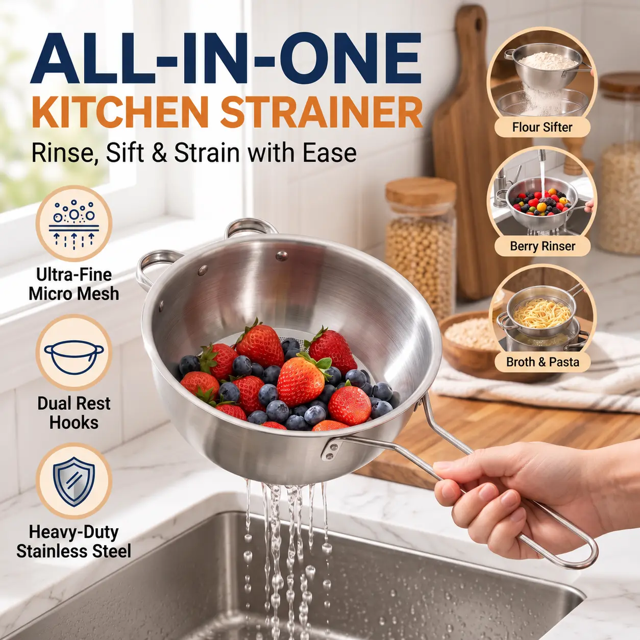 304 Stainless Steel Fine Mesh Strainer - Long Handle Handheld Sieve for Skimming Fat, Tea & Broth