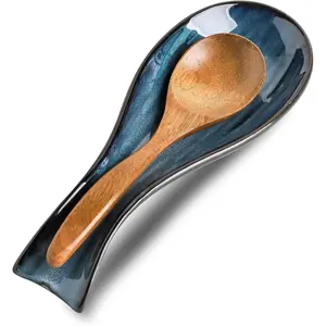 Ceramic Spoon Rest for Stove Top, Large 8.7 Inch Porcelain Utensil Holder for Kitchen Counter, Heat-Resistant, Dishwasher Safe, Blue, Perfect as Housewarming Gift for Ladle and Spatula (1 PC)