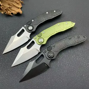 Folding Knife Drop Point  M390  Black Blade Green & Black Aluminum Handle