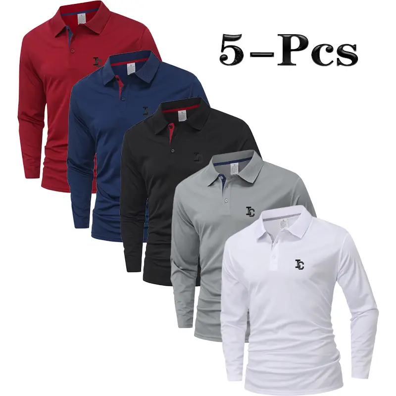 Men's 5-Pack Long Sleeve Performance Polo Shirt Bundle - Moisture-Wicking, Contrast Collar Lining, 2-Button Neck, Subtle Chest Monogram, Lightweight Athletic Tops for Golf, Business Casual