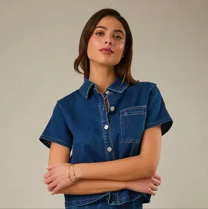 Cropped Denim Button Down Short Sleeve Jacket Top