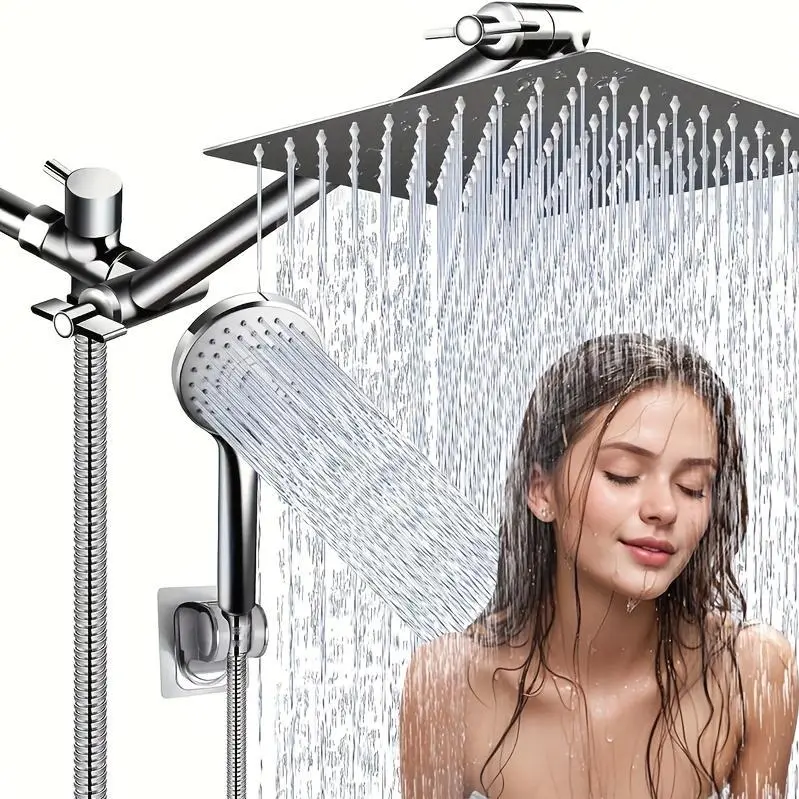 Shower Head, 8/12 Inch High Pressure Rainfall Shower Head/Handheld Shower Combo with 11 Inch Extension Arm, 5 Settings Adjustable Anti-Leak Shower Head with Holder/Hose, Height/Angle Adjustable
