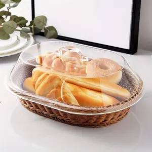 Transparent Acrylic Cover Rattan Bread Basket, Durable Food Storage Basket, Food Display Basket for Kitchen, Outdoor Picnic & Home
