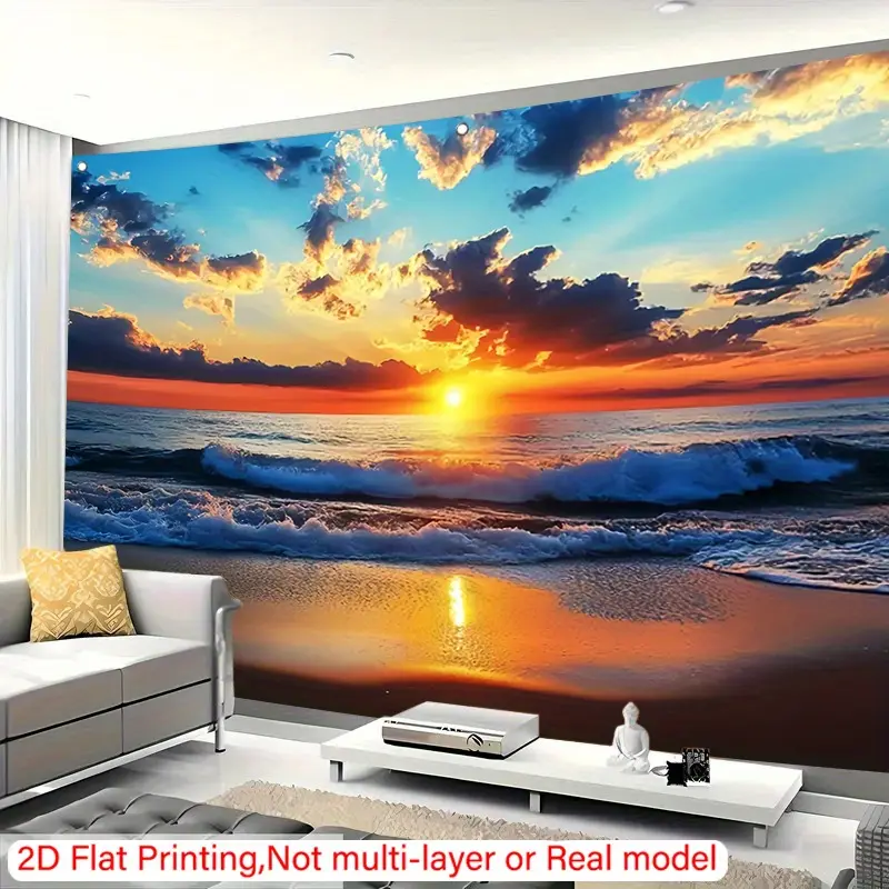 1pc Polyester Sunset Beach Backdrop - Vibrant Ocean Sunrise/Sunset Wall Decor with Waves, Photography Background for Living Room, Studio, Perfect Holiday & Special Occasion Gift, Beach Theme Decor (No Electricity Needed)