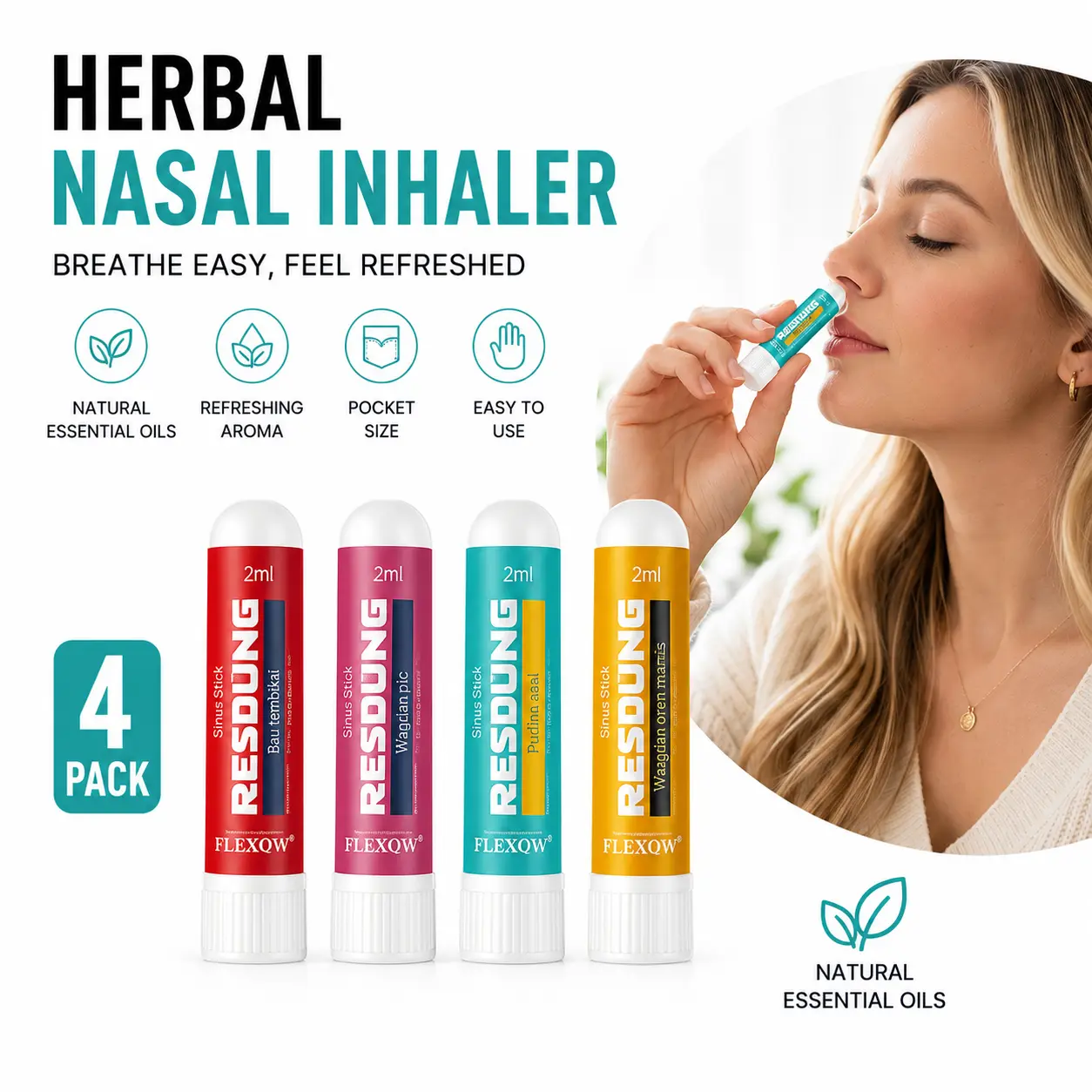 Herbal Nasal Inhaler 4-Pack, Natural Essential Oil Aroma Stick, Portable Pocket-Size, Refreshing Aromatherapy for Office & Travel, Mood-Boosting Mint Alternative Wellness Therapy