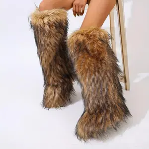 Women's Faux Fur Knee-High Boots, Solid Color, Casual Winter Fashion, One-Piece Slip-On, Round Toe, Flat Sole, Superfine Fiber Outer, Plush Inner Lining, PVC Sole, Hand Wash Only(Phone Holders & Mounts)