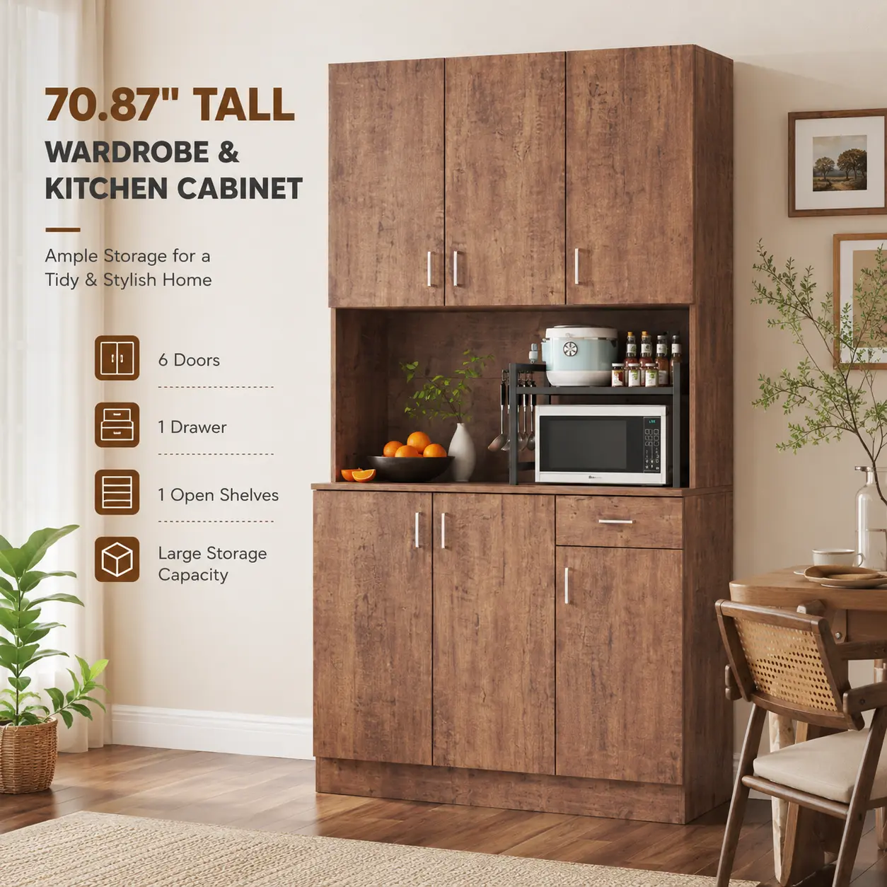 70.87 Inch Tall Wardrobe and Kitchen Cabinet Walnut 6 Door Storage Cabinet with Open Shelf and Drawer Freestanding Pantry Cupboard Unit for Bedroom Kitchen Dining Room Living Room Apartment Home Organizer