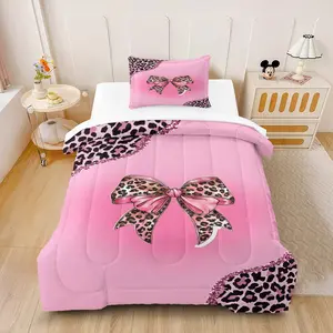 Pink Leopard Print Bow Pattern Bedding Set, Including 1 Blanket And 1 Or 2 Pillowcases Without Pillowcases, Suitable For Bedroom Use, Suitable As Gifts And Decorations