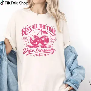 Kiss All The Time Cherry Shirt, Disco Aesthetic Graphic Tee, Cute Retro XOXO T-Shirt, Funny Love Quote Shirt