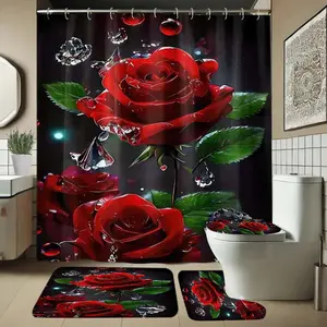 Rose Flower Pattern Bathroom Set, Includes Soft Shower Curtain, Mat, Toilet Seat Cover, Elegant Decor, 1/4 Piece Bath Ensemble, Shower Curtain Sets