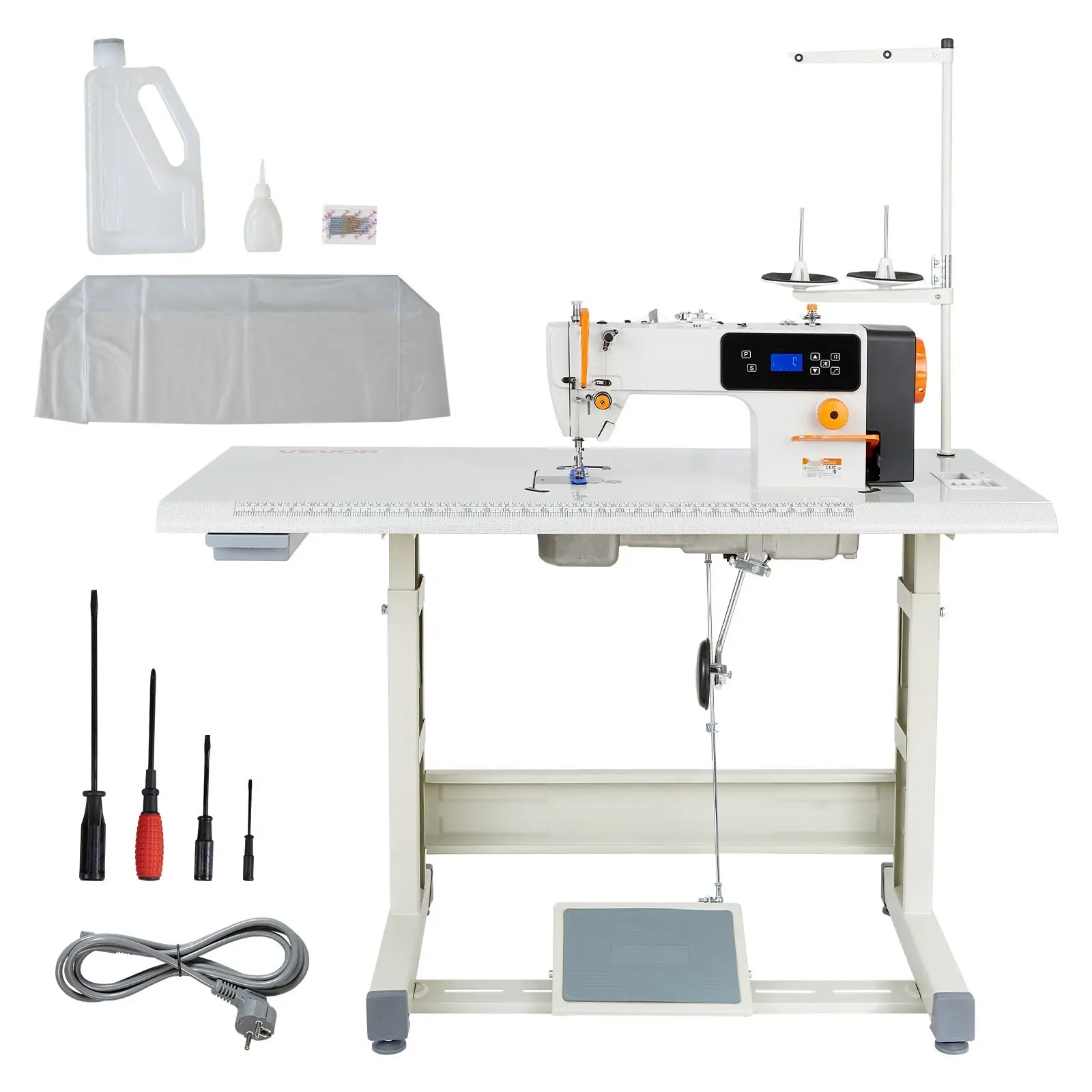 Industrial Sewing Machine With 550W Servo Motor And Table Stand, Auto Thread Trimmer, 5000 SPM High Speed, Sturdy Metal Frame, LCD Display Panel, Bright LED Light, Suitable For Cotton And Denim, Heavy Duty Manufacturing Grade