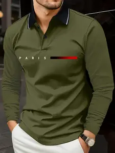 Spring And Autumn Men's Long Sleeve Polo Shirt Turn-down Collar Long Sleeve T-shirt Retro Versatile Classic Letter Print Sports Casual Daily Outdoor Lightweight Business Top