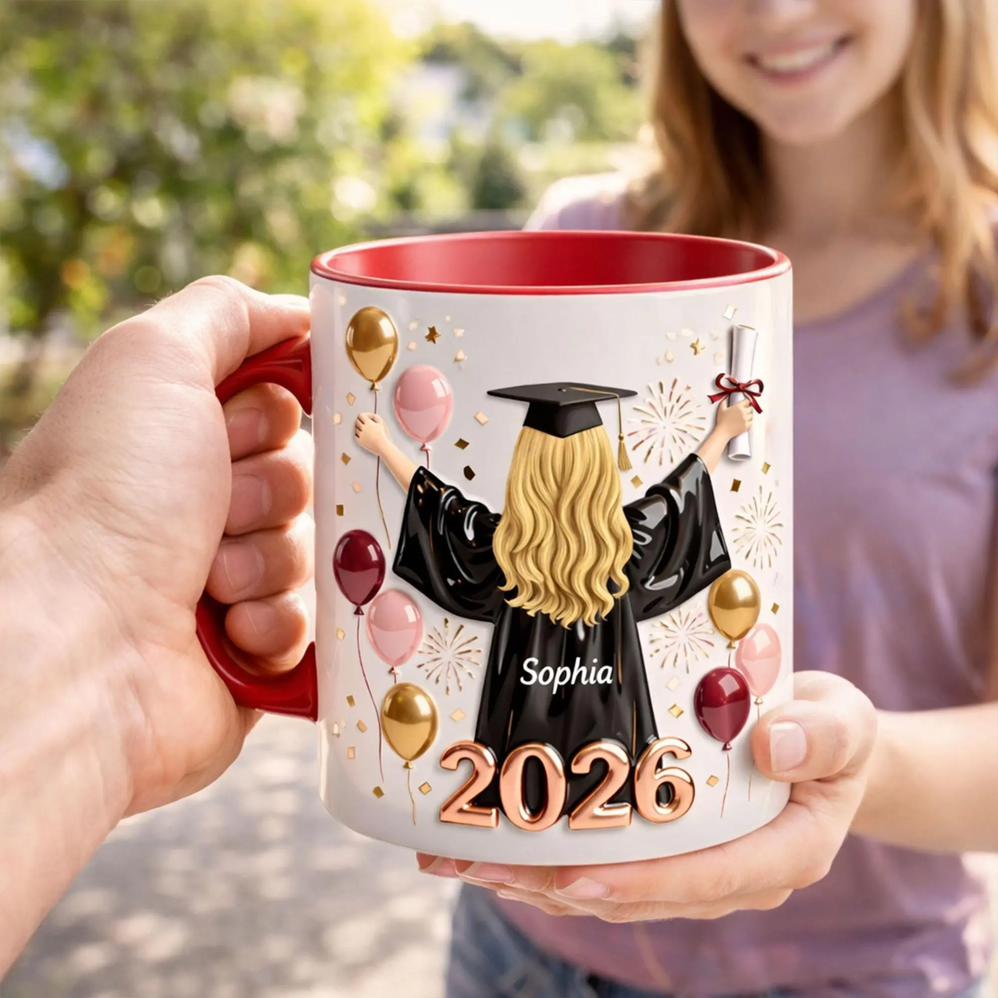 Personalized Graduation Mug with Custom Name, 2D Printed 3D Effect Coffee Mug for New Graduates, Faux 3D Graduation Keepsake Cup for College or High School Students, Cute Achievement Mug for Her, Perfect Graduation Day Gift Idea