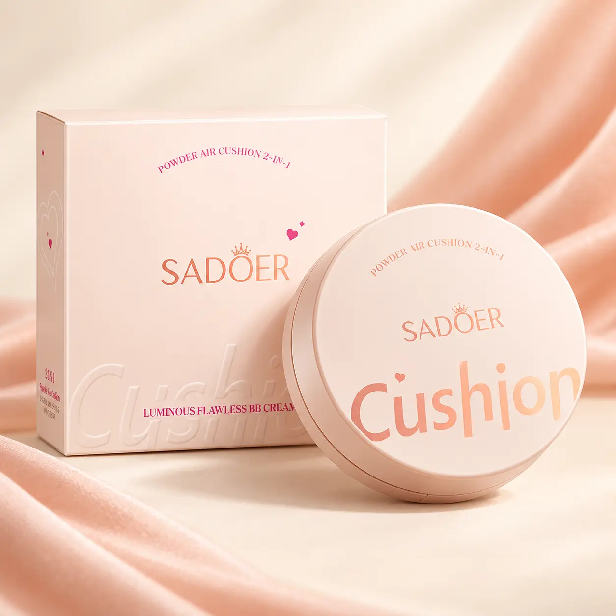 SADOER Pink Air Cushion BB Cream, Compact Cushion Foundation with Mirror and Makeup Puff, Lightweight Buildable Face Base for Natural-Looking Daily Makeup and Easy On-the-Go Touch-Ups