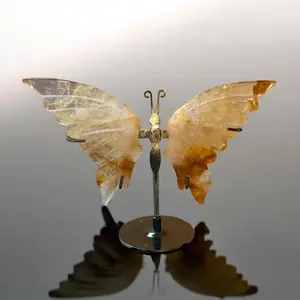 Hand-Carved Honey Calcite Butterfly Sculpture — Polished Wings (Display Stand)