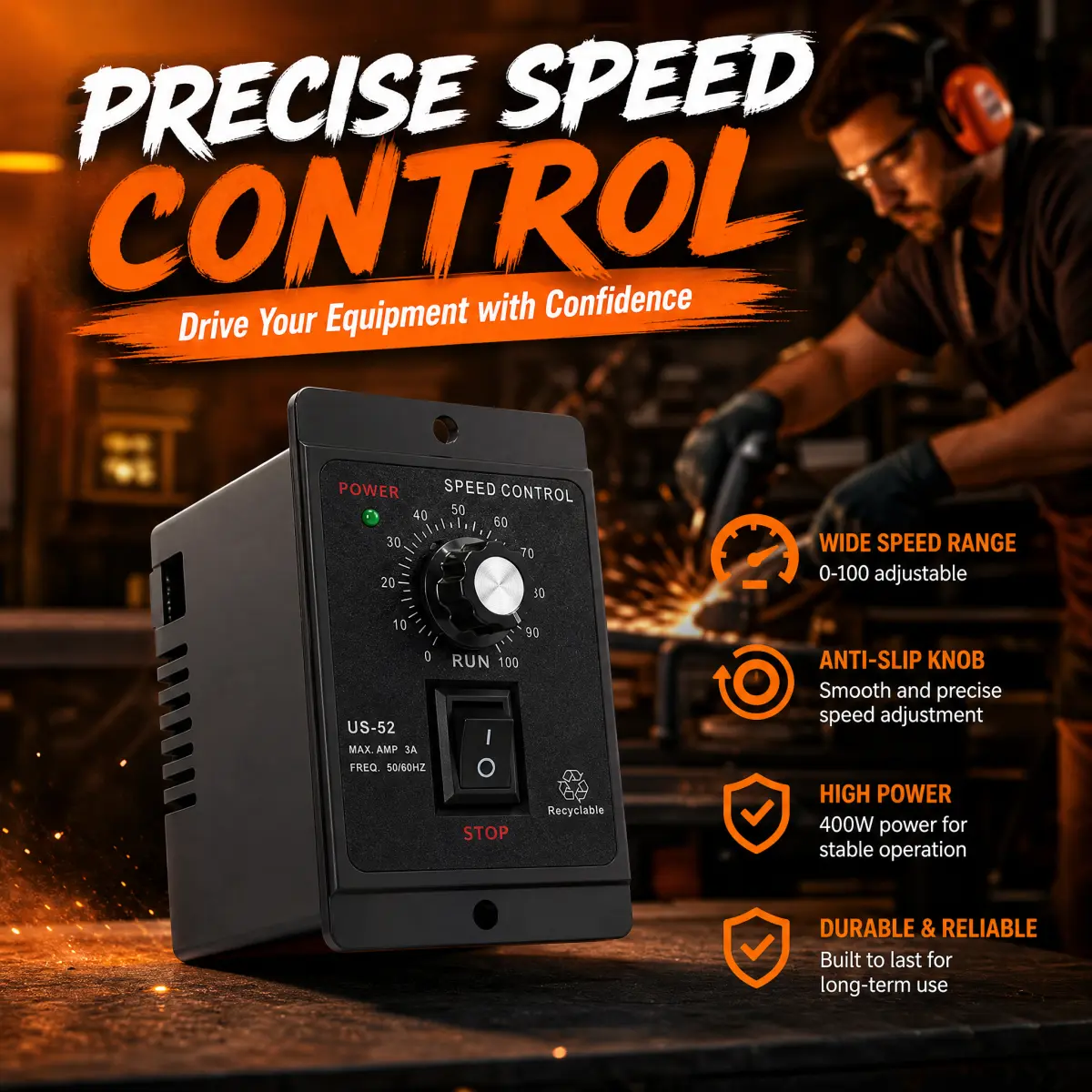 Motor Speed Controller 400W Single Phase DC Motor Speed Regulator With Knob Adjustment ON/Off Switch For Conveyor Belt Packaging Machinery Small Production Equipment