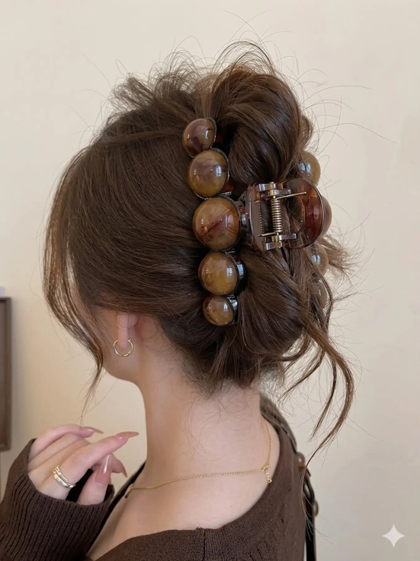 1pc Elegant Large Amber Acrylic Hair Claw - High Shine Double-Row Teeth Hair Clip, Retro Solid Color Hair Catch for Daily Wear Hairclips