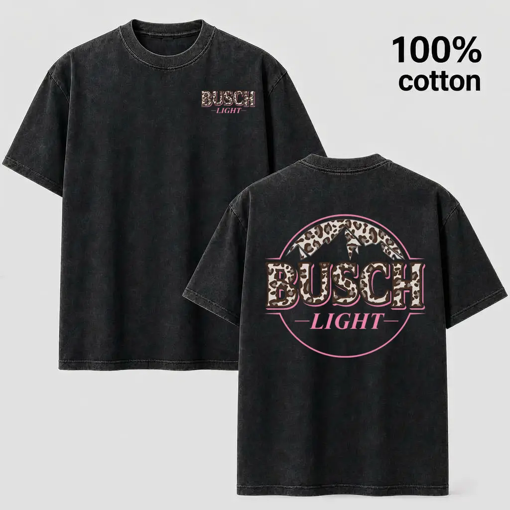 Busch Light Women's Graphic T-Shirt - Vintage Washed Black Tee with Pink Leopard Print