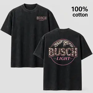 Busch Light Women's Graphic T-Shirt - Vintage Washed Black Tee with Pink Leopard Print