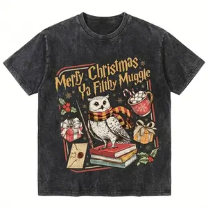 Vintage Acid Wash Christmas Owl Wizard Inspired Graphic T-Shirt, Merry Ya Filthy Muggle Holiday Oversized Tee, Retro Magic Casual Top