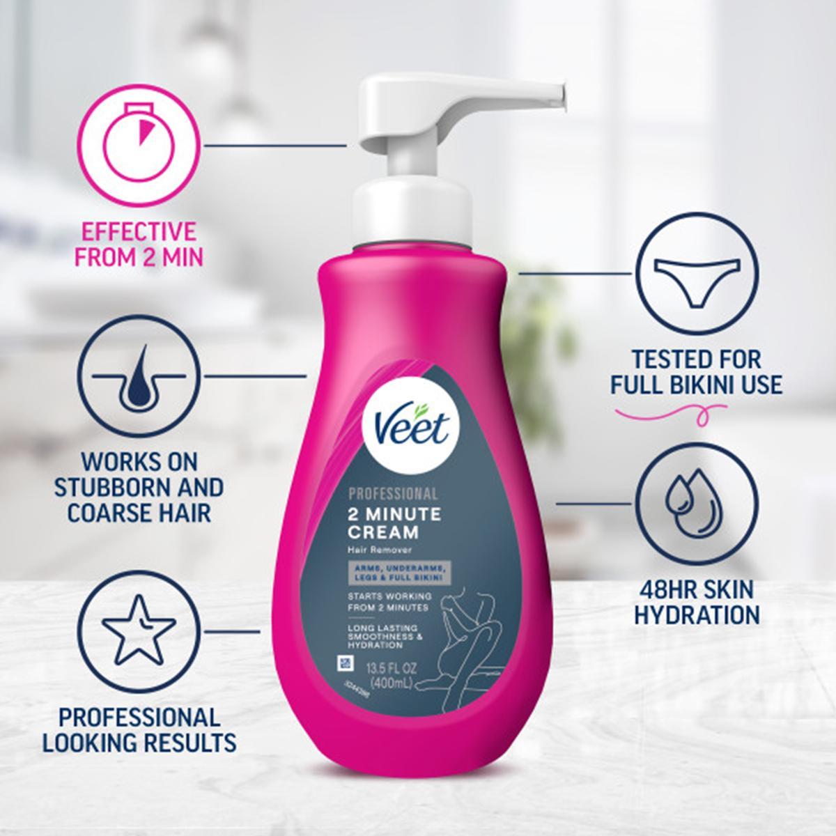 Veet Professional Dermatologically Tested 13.5 Fl Oz. 2 Minute Hair Removal Cream with Spatula for Arms, Underarms, Legs & Full Bikini