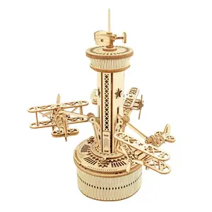 Robotime Rokr 3D Wooden Puzzles for Adults DIY Musical Box Model Kit to Build Self-Assembly Building Kit AMK41 Airplane-control Tower