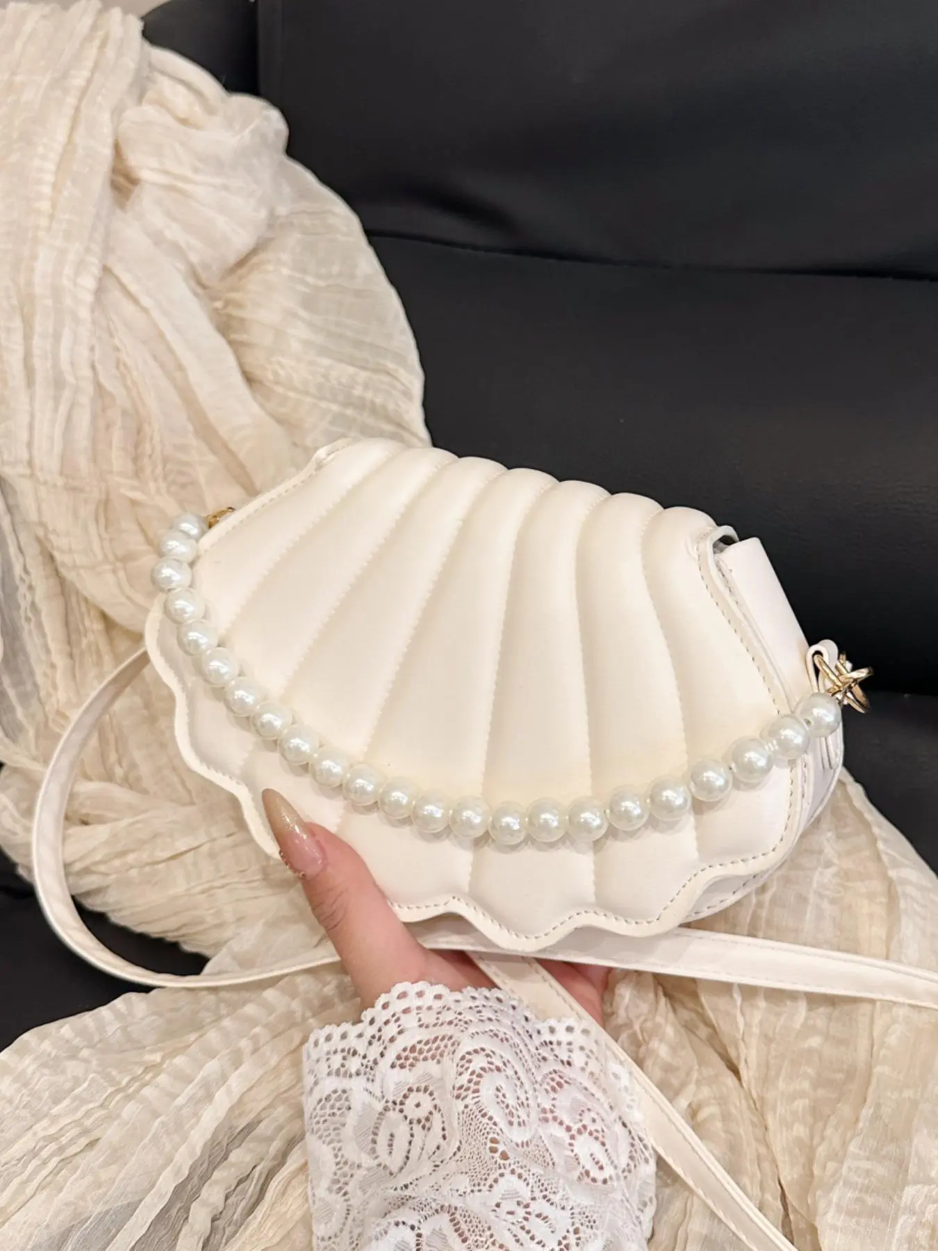Women's Elegant Shell Shaped Bag, Fashionable Pearl Decorated Crossbody Bag for Daily Used, Casual Trendy Versatile High-quality Daily Commuting Bag, Handbag Shoulder Purse