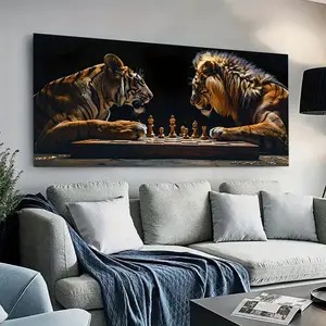 1 piece framed canvas painting, magnificent tiger and lion chessboard scene, intricate animal details, detailed animal painting, large canvas wall art for living room, office, bedroom, home decor, office decor