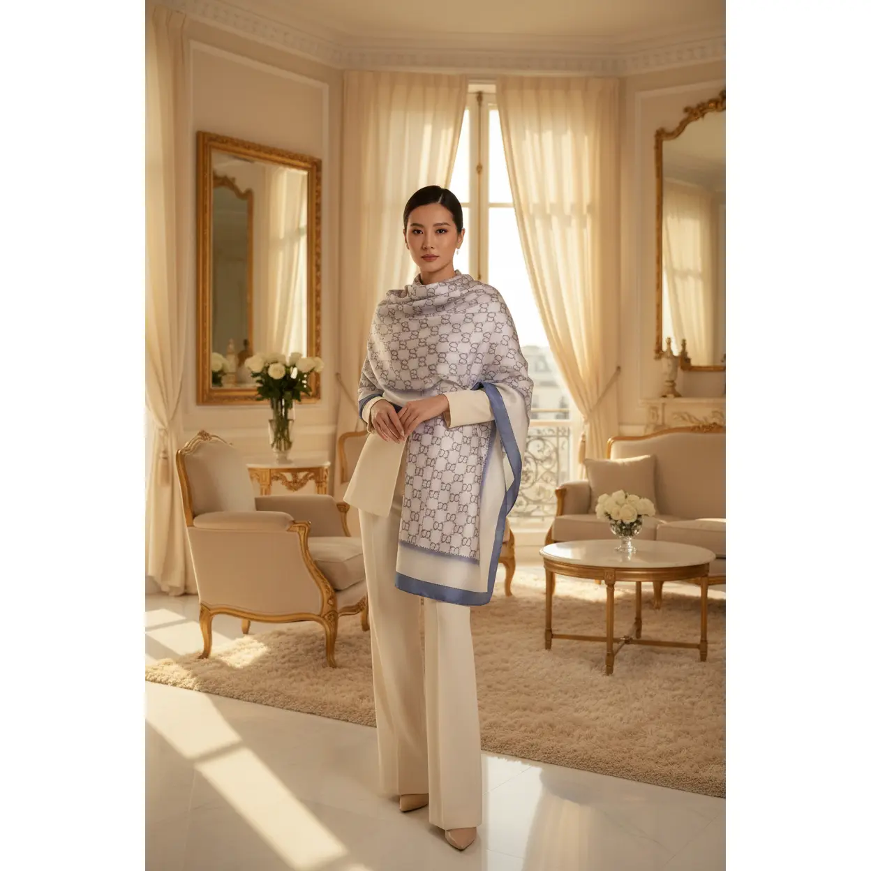 Unisex The Hydra Rectangular Silky Satin Scarf - White & Slate Blue Monogram, Soft Texture, Wrapwear Shawl